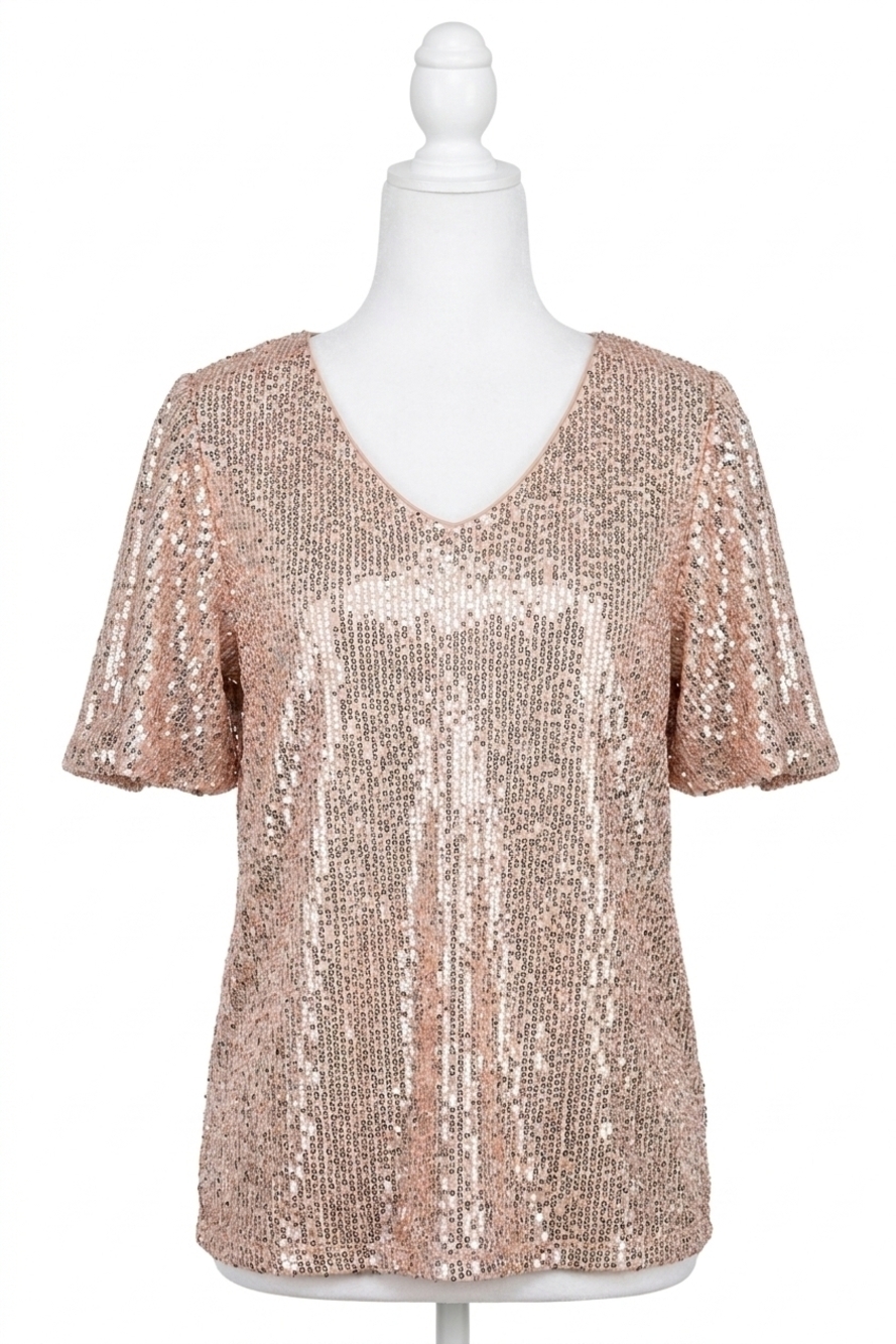 NEW EE:SOME nichole short sleeve sequin top in gold